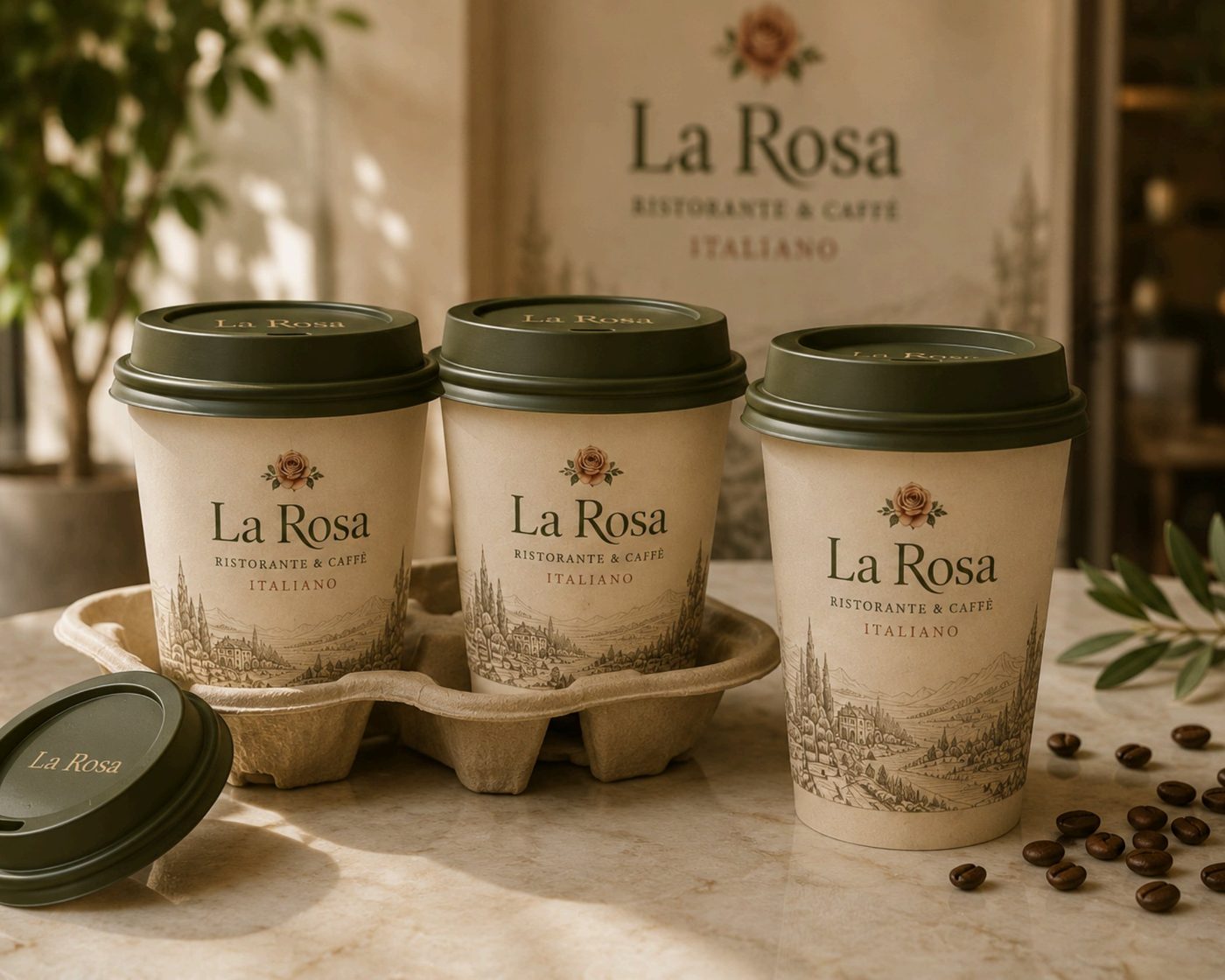 La Rosa branded coffee cups