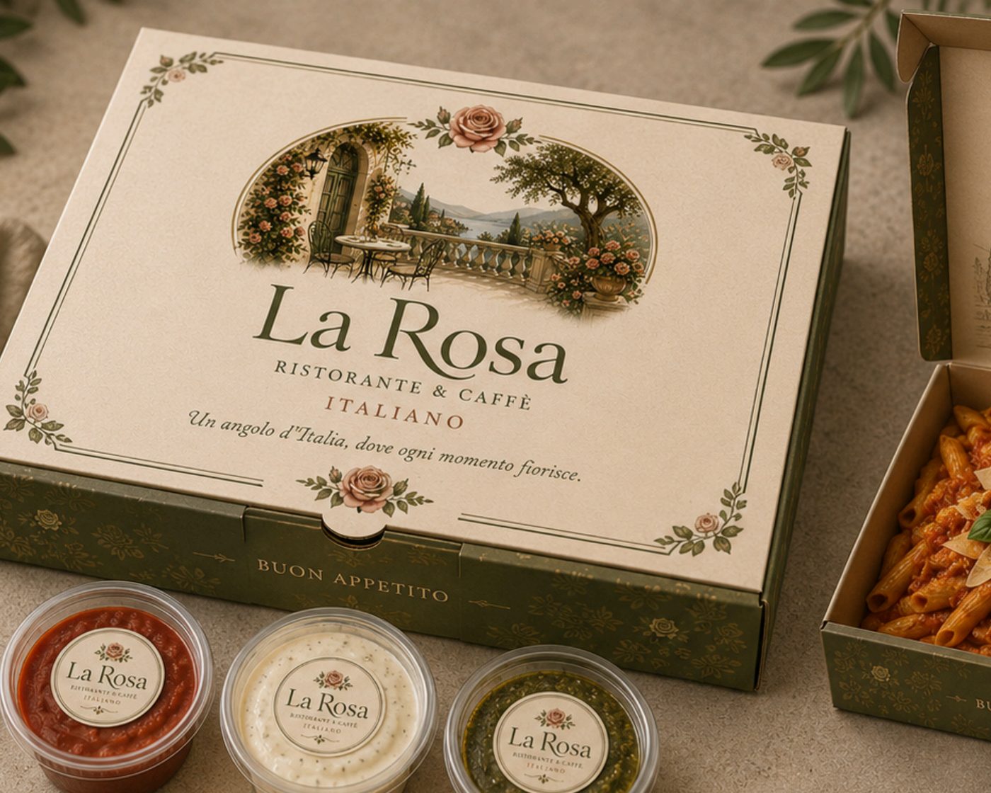 La Rosa meal box with pasta and sauces